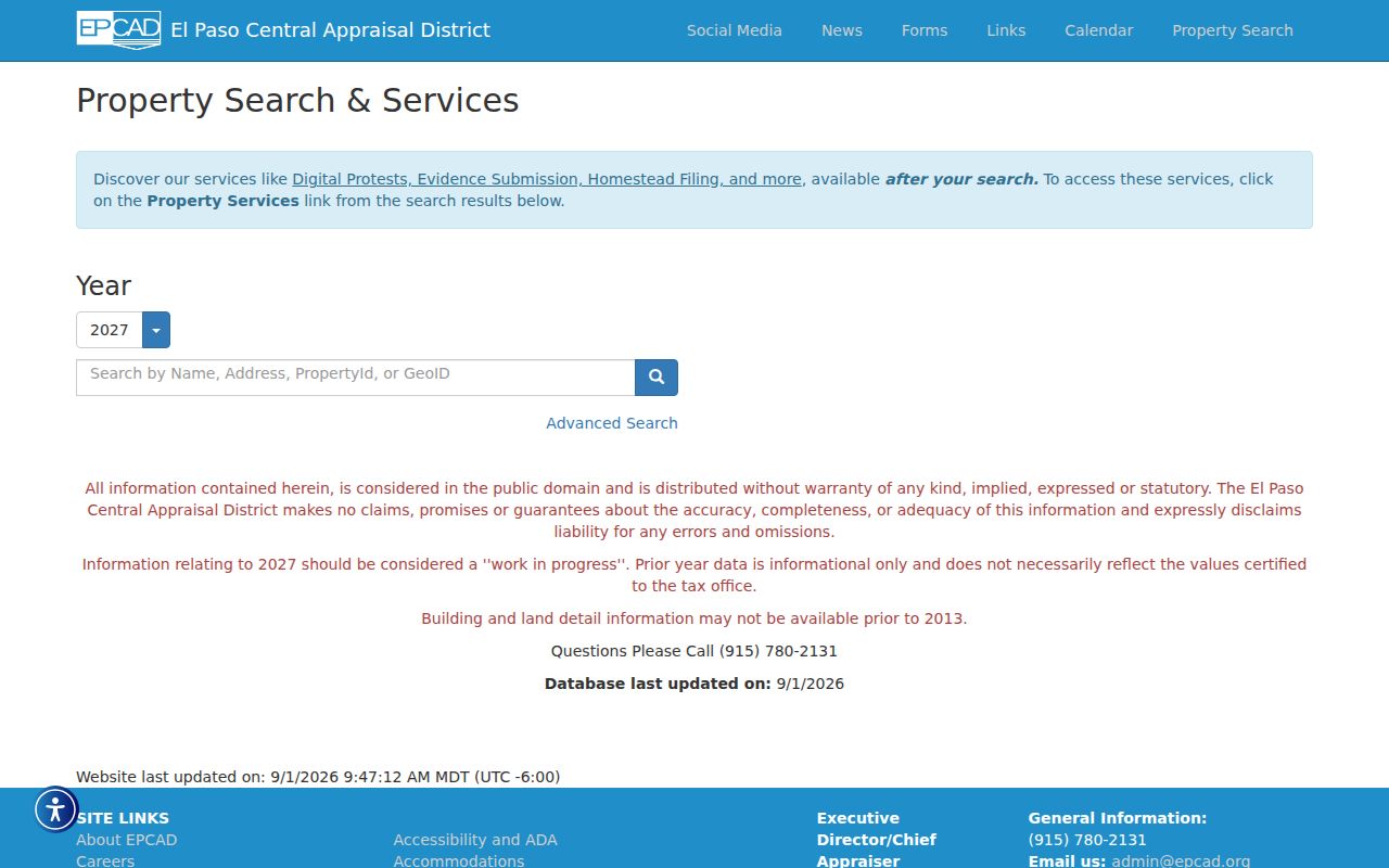 El Paso residents directory property search screen at EPCAD