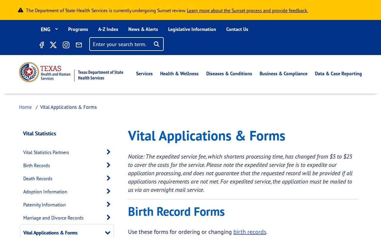 El Paso resident lookup Texas DSHS vital-record forms