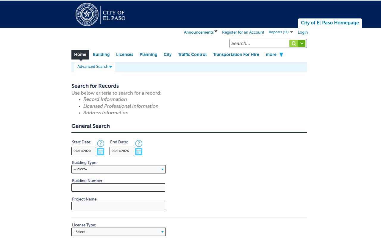 El Paso street directory permit and address search fields in City Accela